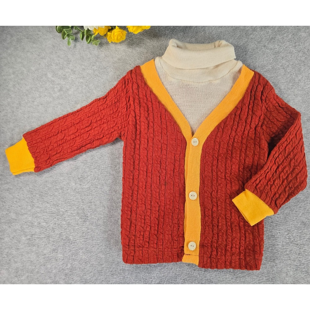 Vintage Cardigan Sweater Toddler 2T Retro Mock Neck Cable Knit 70s Academic